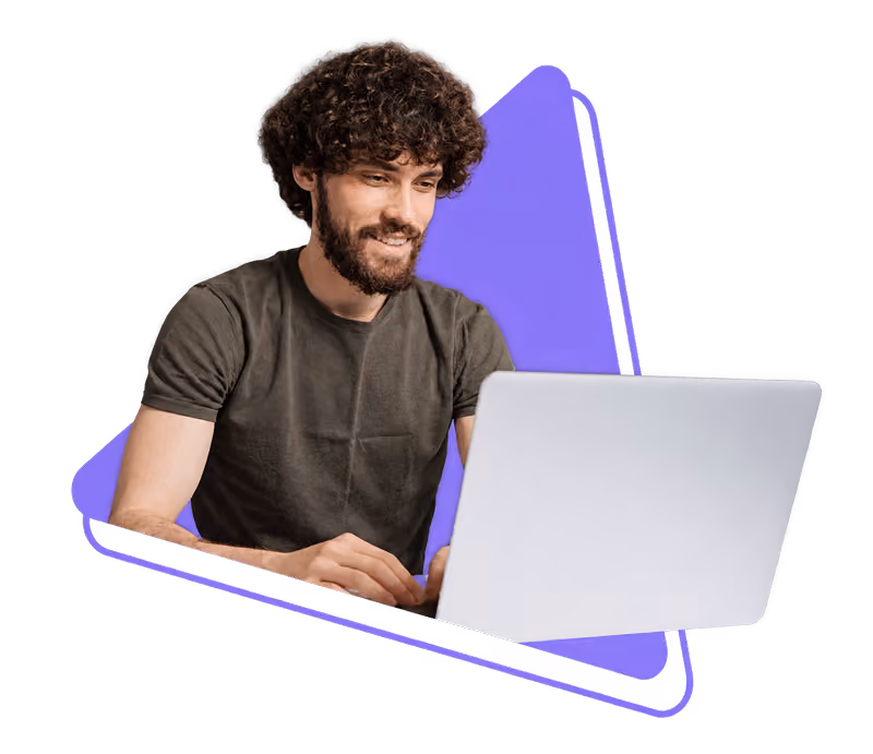 Smiling man with curly hair working on a laptop with a purple background graphic element.