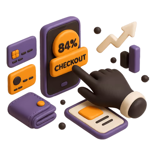 3D hand pressing checkout button on phone screen showing 84%, with credit cards, wallet, and upward arrow.