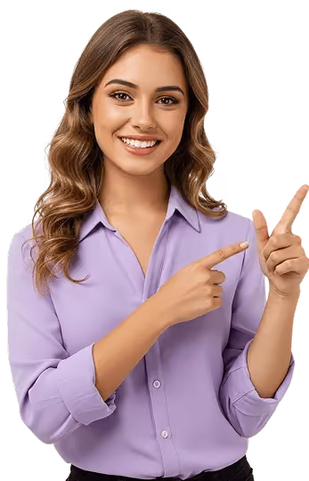 Smiling young woman with wavy hair wearing a lavender shirt pointing to her right.