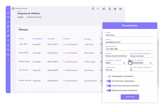 Painel do Programa de Afiliados com modal de cadastro de dados bancários dos recebedores no Guru.
