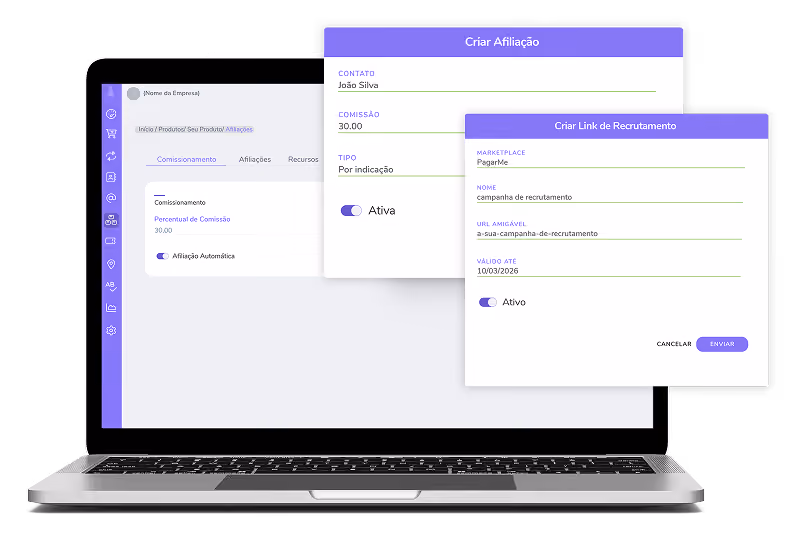 Configuração de comissionamento e criação de link de recrutamento de afiliados no Digital Manager Guru.