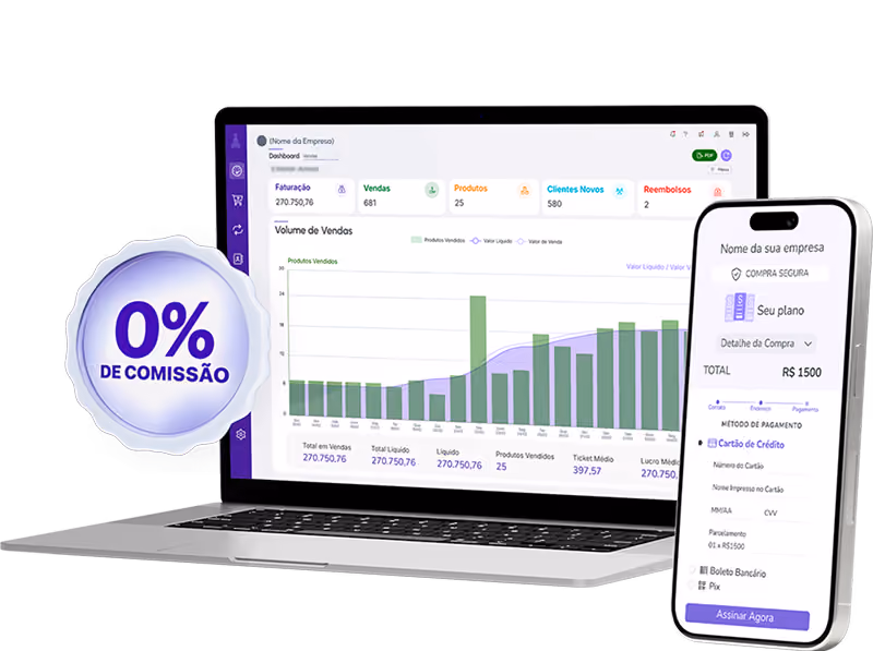 Dashboard de vendas em laptop com selo 0% de comissão e checkout mobile de assinatura da Digital Manager Guru.