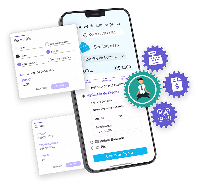 Mockup de smartphone e cartões de configuração exibindo o checkout personalizável para venda de ingressos da Guru.