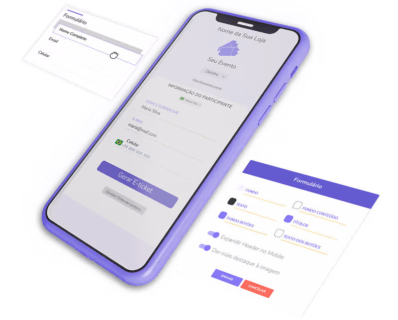 Smartphone e painéis flutuantes mostrando a personalização de formulários e campos do participante no checkout Guru.