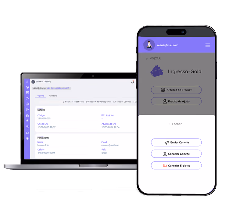 Laptop e smartphone demonstrando o painel de administração de e-tickets e opções de envio de convites da Guru.