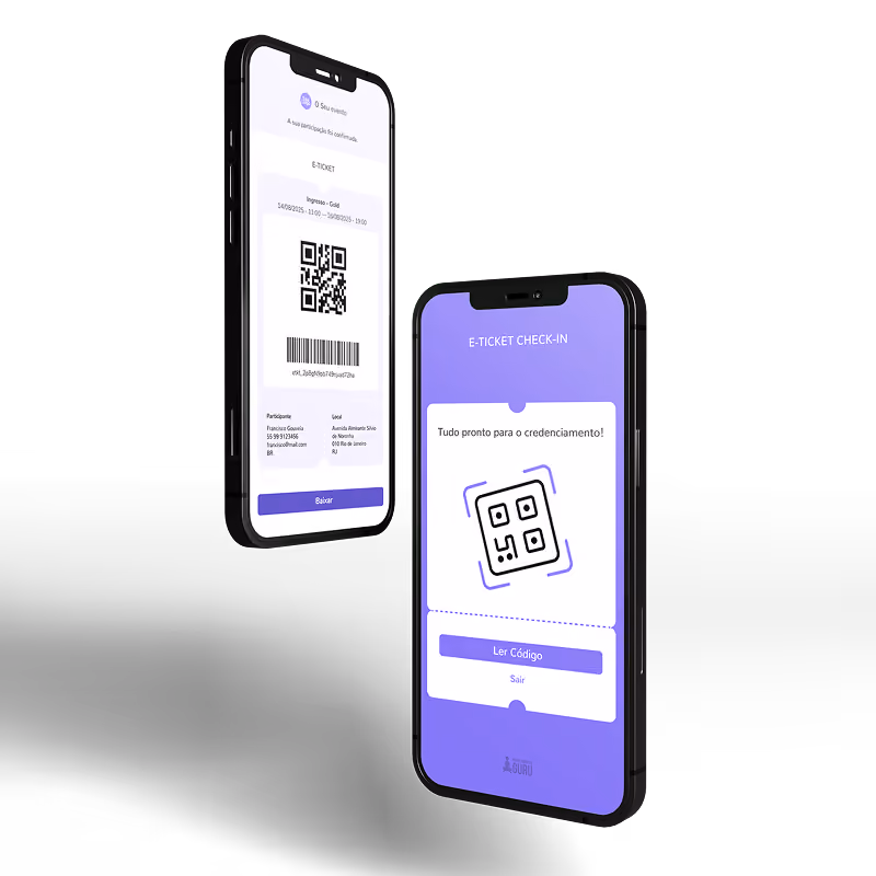Mockup de smartphones exibindo a tela de check-in de evento e validação de e-ticket por QR Code na plataforma Guru.