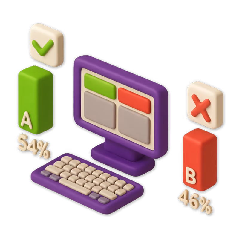 3D illustration of a computer displaying A/B testing results with green option A and red option B.
