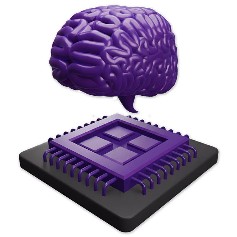 3D purple brain floating over a processor chip representing machine learning and AI technology.