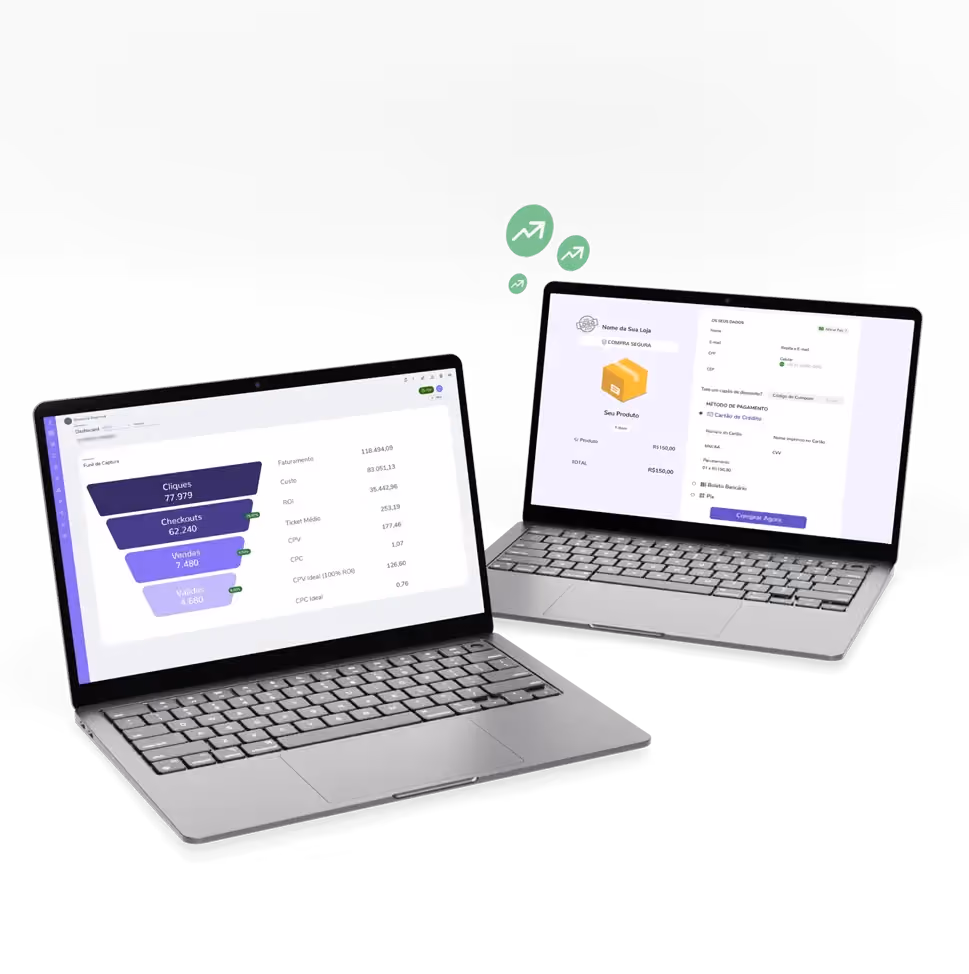 Dois laptops exibindo dashboards de e-commerce lado a lado. O laptop da esquerda mostra um funil de vendas e métricas de desempenho. O laptop da direita mostra uma página de checkout do produto. Ícones de setas verdes para cima flutuam sobre eles.