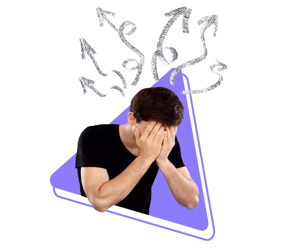 Stressed man covering his face with confused arrows representing business problems