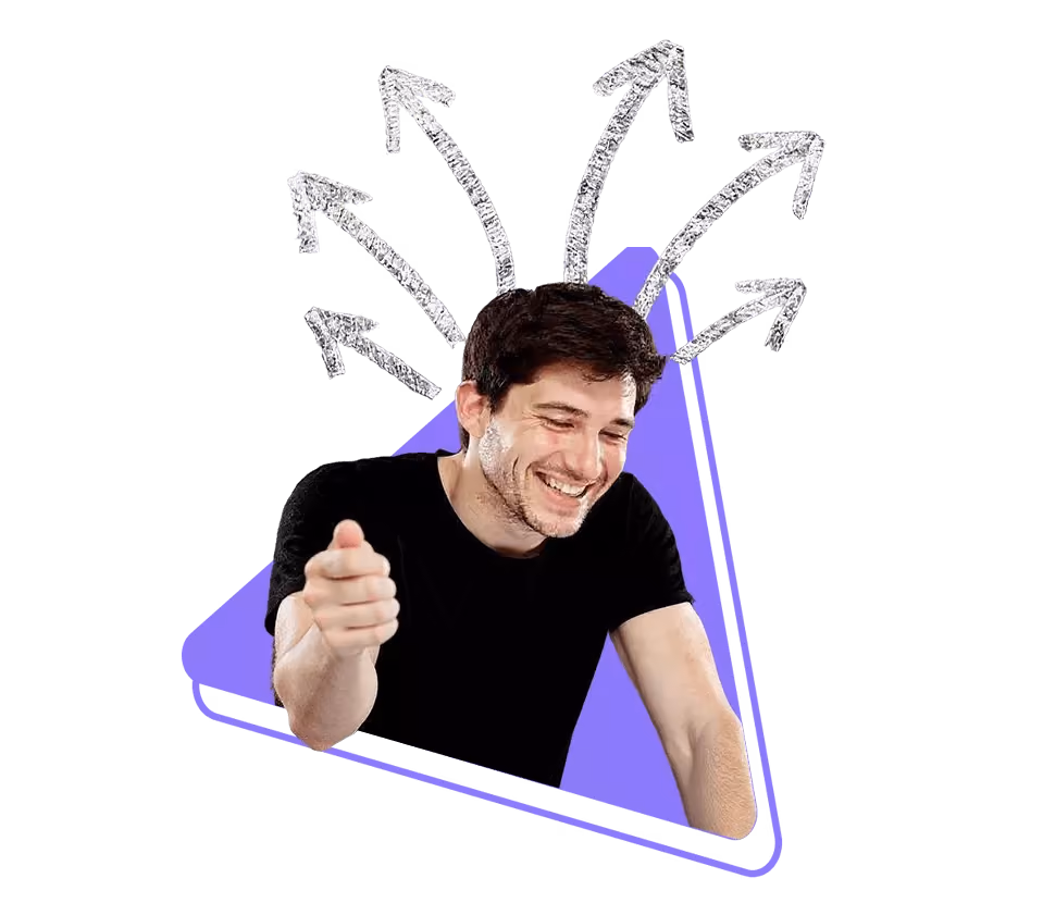 Happy man smiling with structured upward arrows representing growth and business solutions