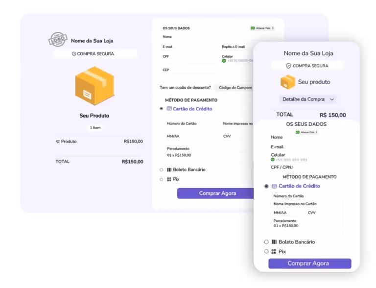 Versão para desktop e celular do checkout do Guru