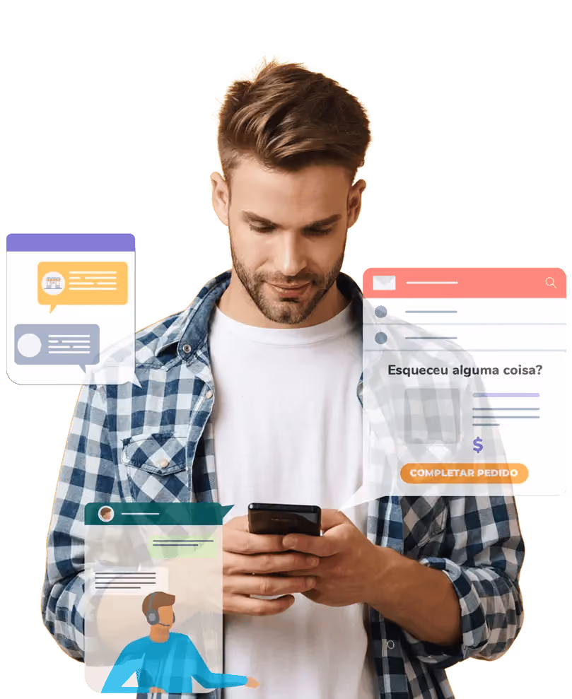 Um homem olha para o celular, que exibe um lembrete de carrinho em uma janela pop-up.