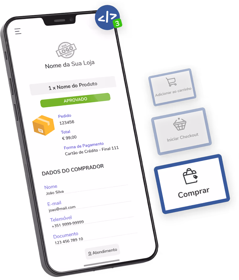 Tela de checkout para dispositivos móveis, com um ícone de código visível e botões de compra.