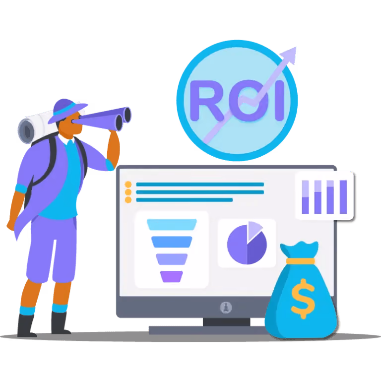 A business data analyst looking through binoculars at business metrics and a large 'ROI' logo with an upward trend arrow