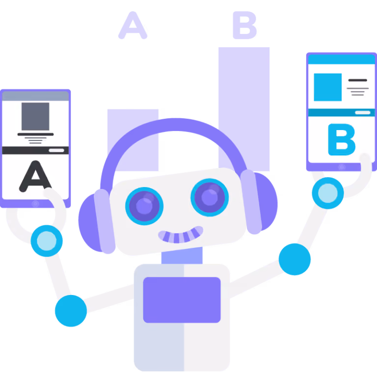 An AI robot holding two smartphones showing version A and version B for A/B testing with a performance bar chart in the background
