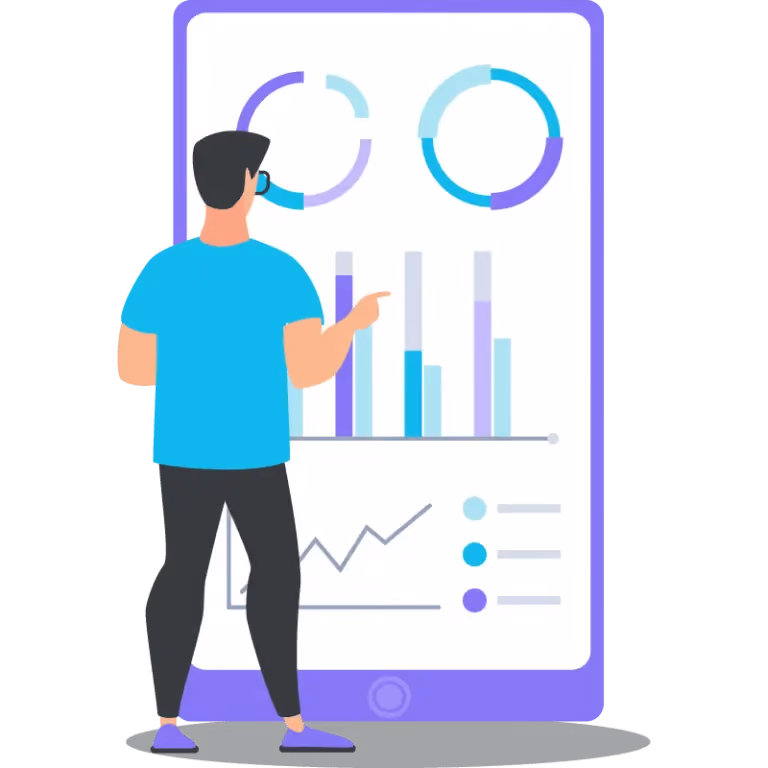 A man analyzing performance charts, bar graphs, and doughnut diagrams on a giant smartphone screen