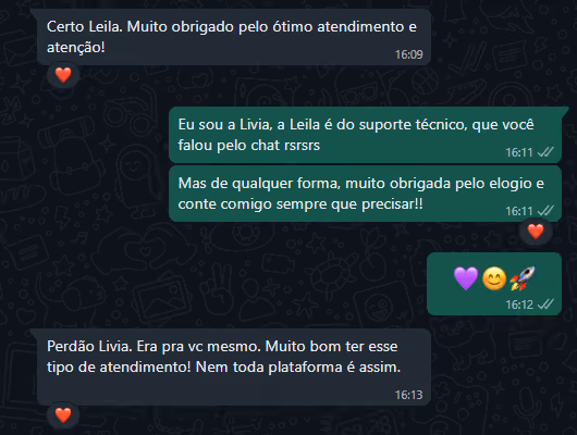 Captura de tela com elogio de cliente ao suporte e atendimento humanizado da Digital Manager Guru 
