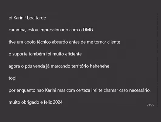 Captura de tela com elogio de cliente ao suporte e atendimento humanizado da Digital Manager Guru 