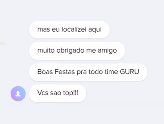 Captura de tela com elogio de cliente ao suporte e atendimento humanizado da Digital Manager Guru 