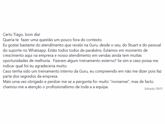 Captura de tela com elogio de cliente ao suporte e atendimento humanizado da Digital Manager Guru 