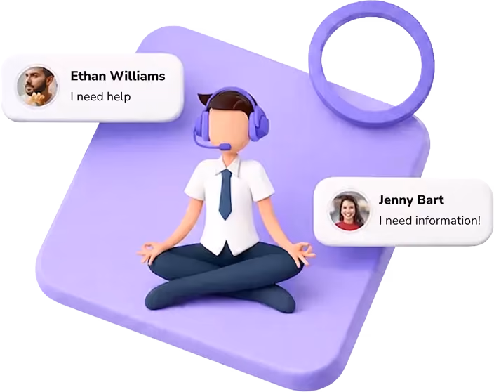 3D illustration of a call center agent meditating, surrounded by chat bubbles from customers asking for help.