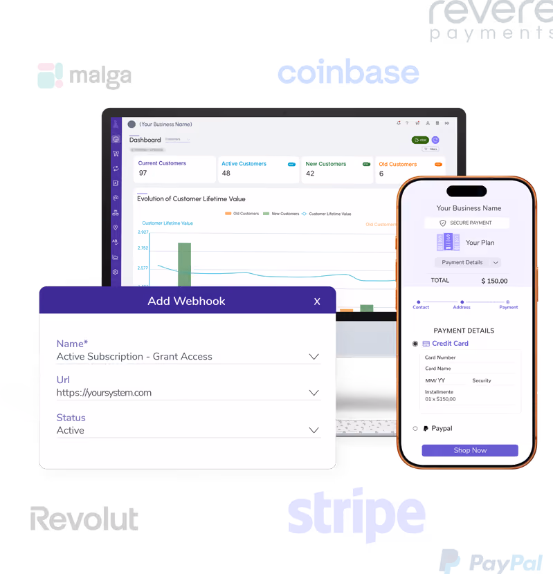 Adding a webhook on the Digital Manager Guru dashboard, with a mobile checkout and payment gateway integrations such as Stripe, PayPal, and Coinbase.