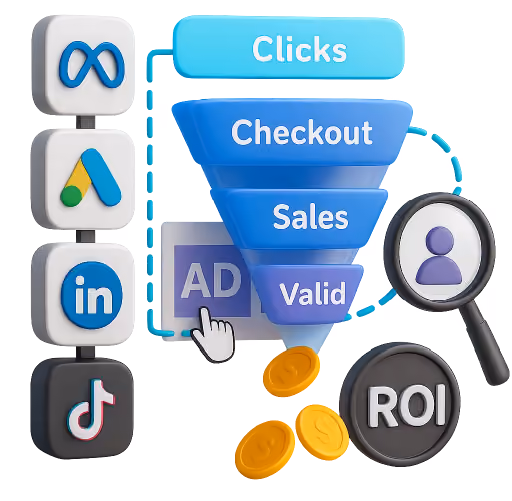 3D tracking funnel connecting Meta, Google, LinkedIn and TikTok ads to clicks, checkout, sales and ROI.