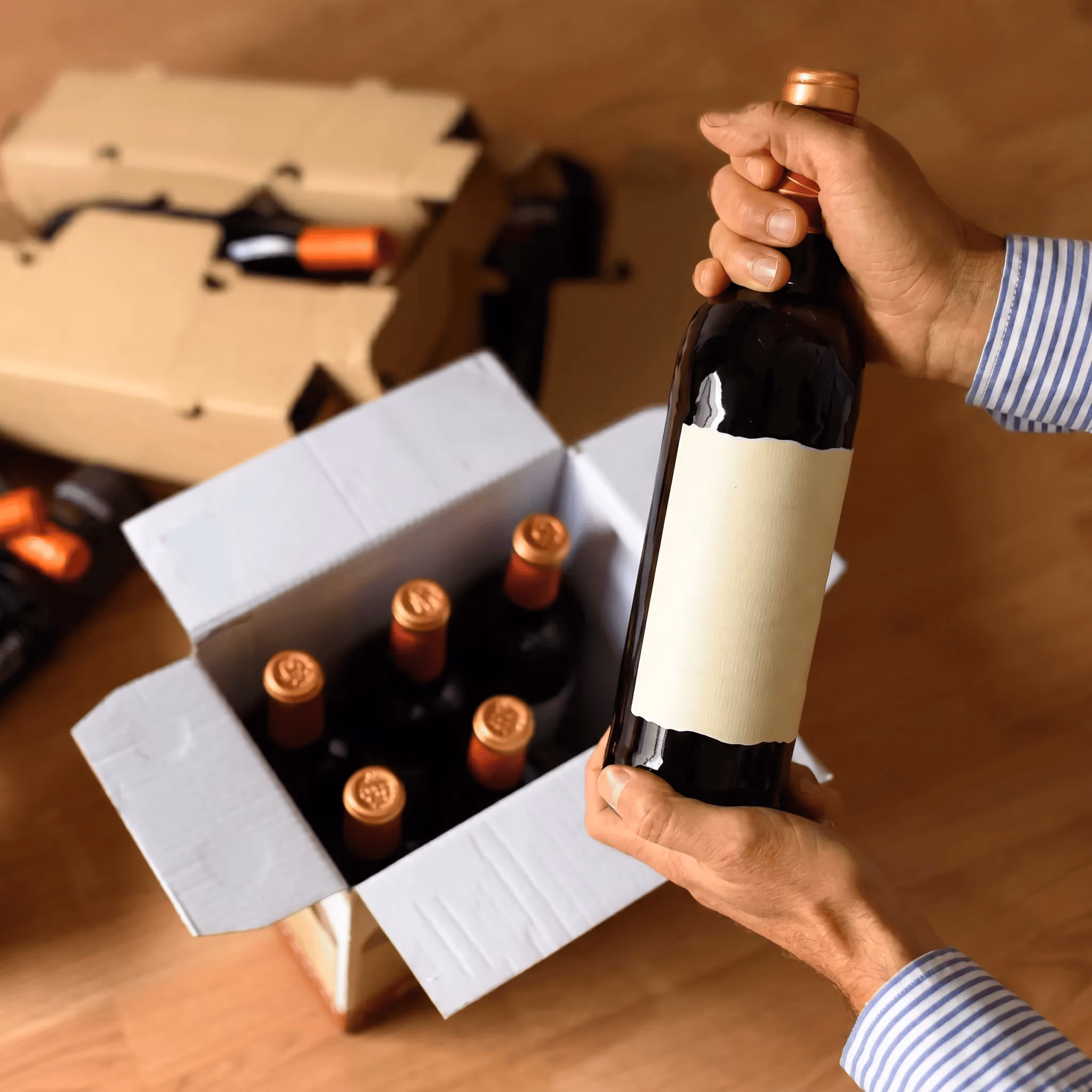 Person holding a wine bottle next to an open box of bottles from a wine subscription.
