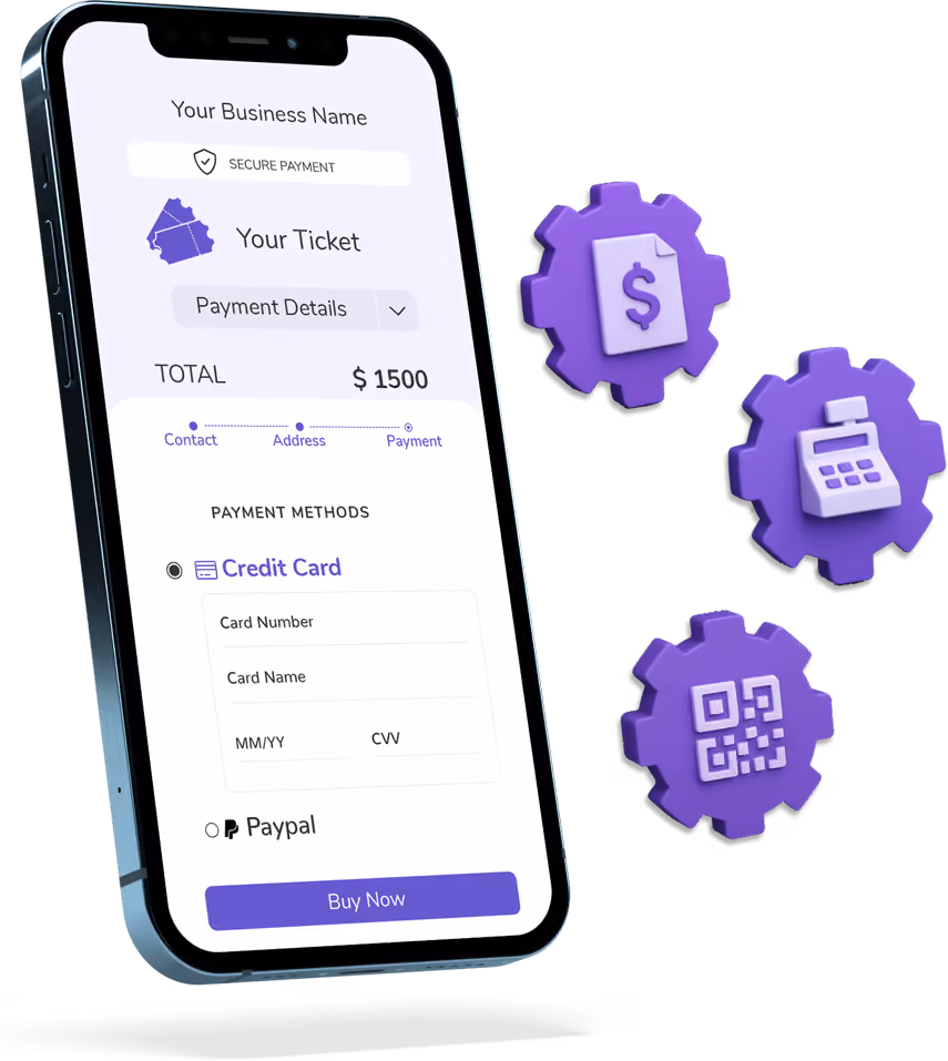 Smartphone showing a ticket checkout with credit card and PayPal payment options, next to purple icons for invoice, cash register and QR code.
