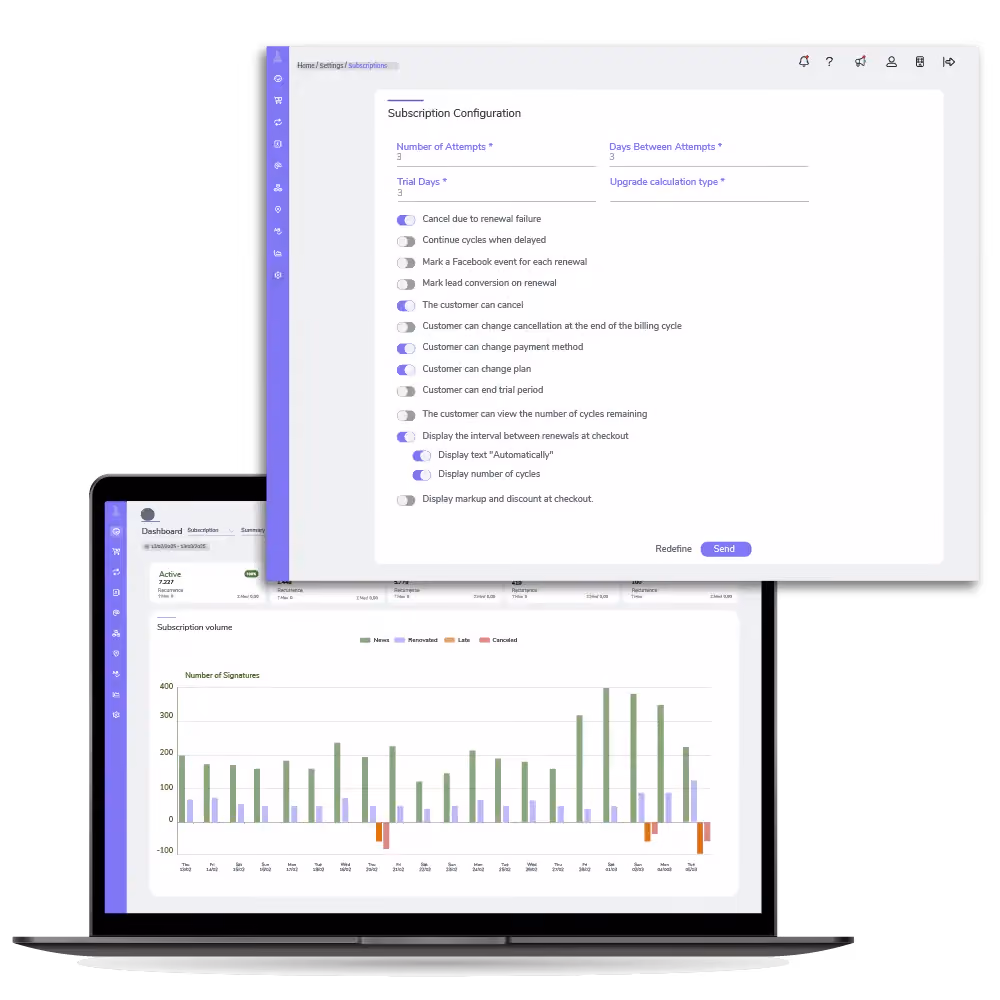 Laptop showing a subscription volume chart with a subscription configuration panel from the Guru platform.