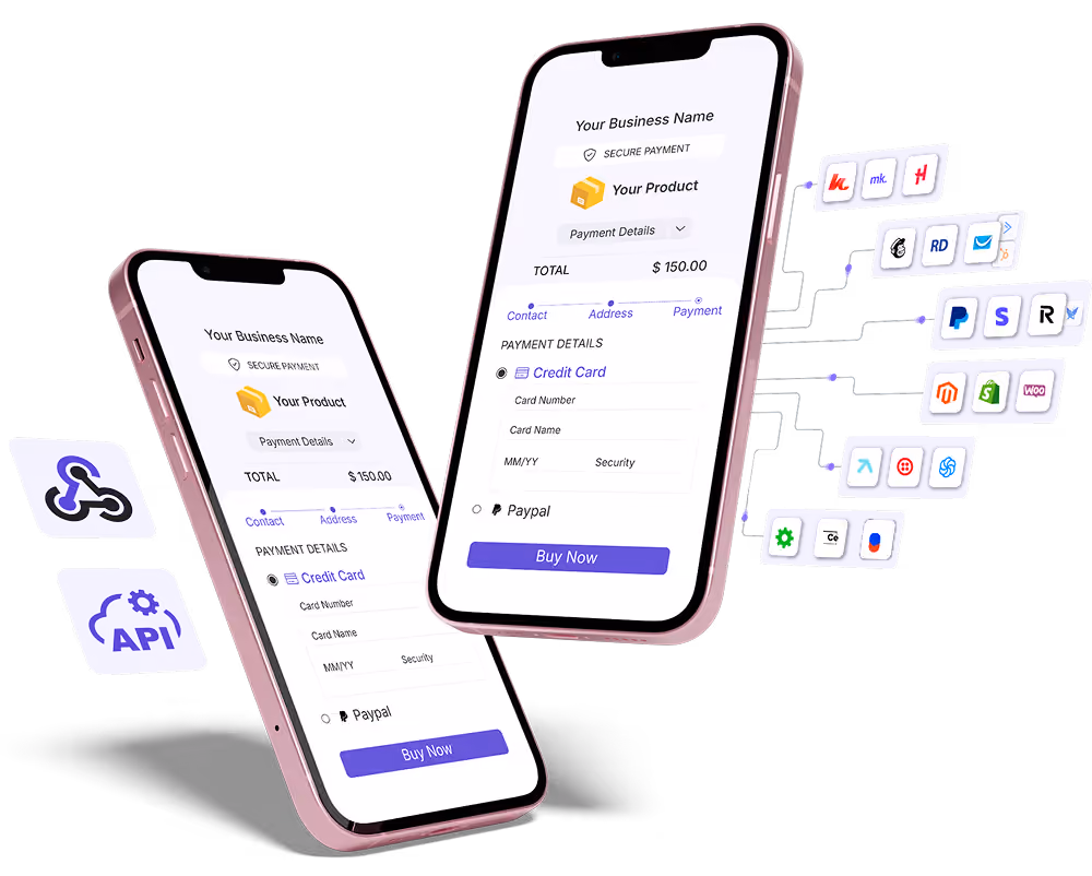 Two smartphones showing the Guru checkout connected to integration app icons, API and webhooks.