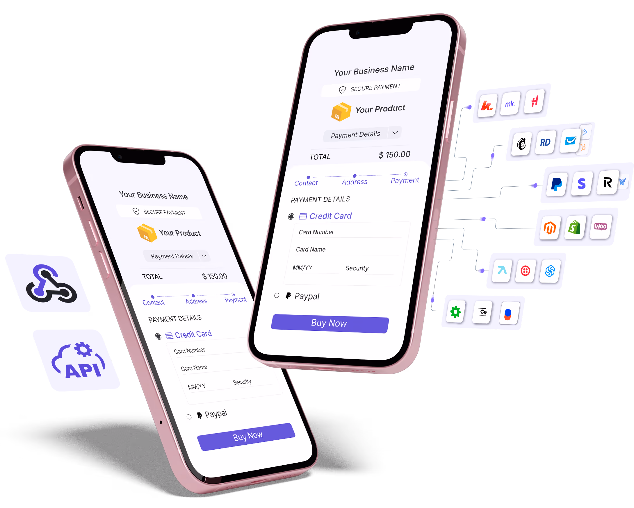 Two smartphones showing the Guru checkout connected to integration app icons, API and webhooks.