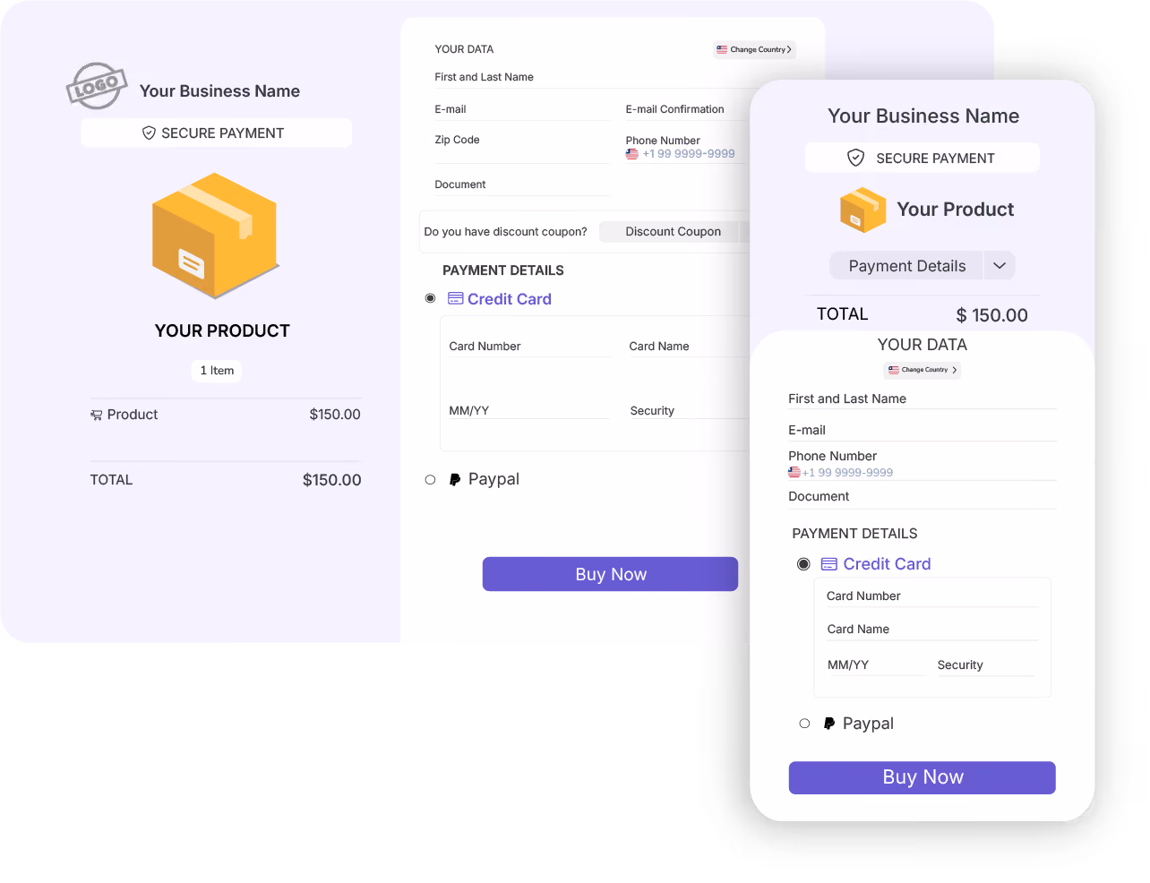 Desktop and mobile checkout mockups showing a secure payment page with order summary, customer details, credit card and PayPal options.