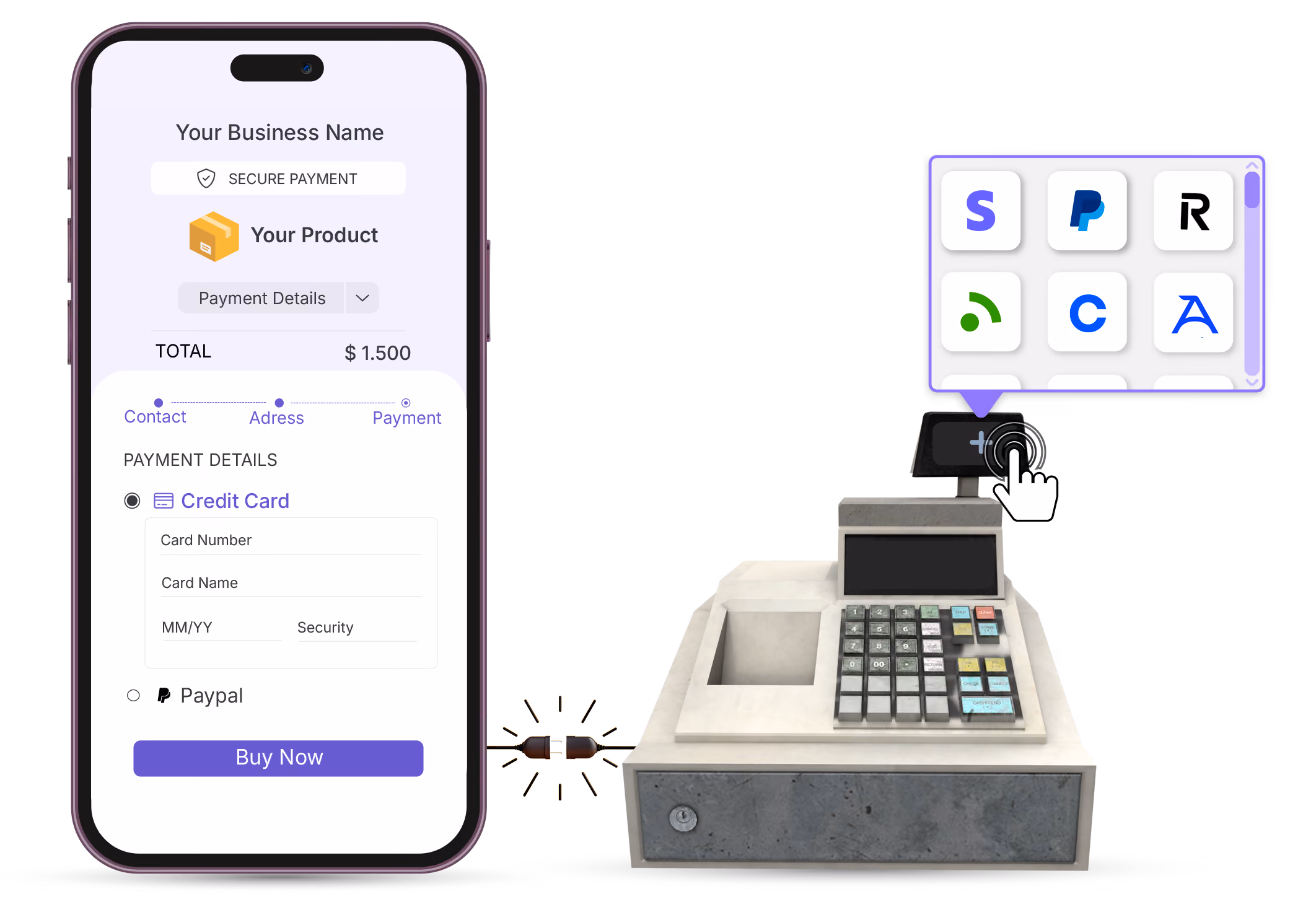 Mobile checkout with credit card payment connected by cable to a cash register showing payment provider icons such as Stripe and PayPal.