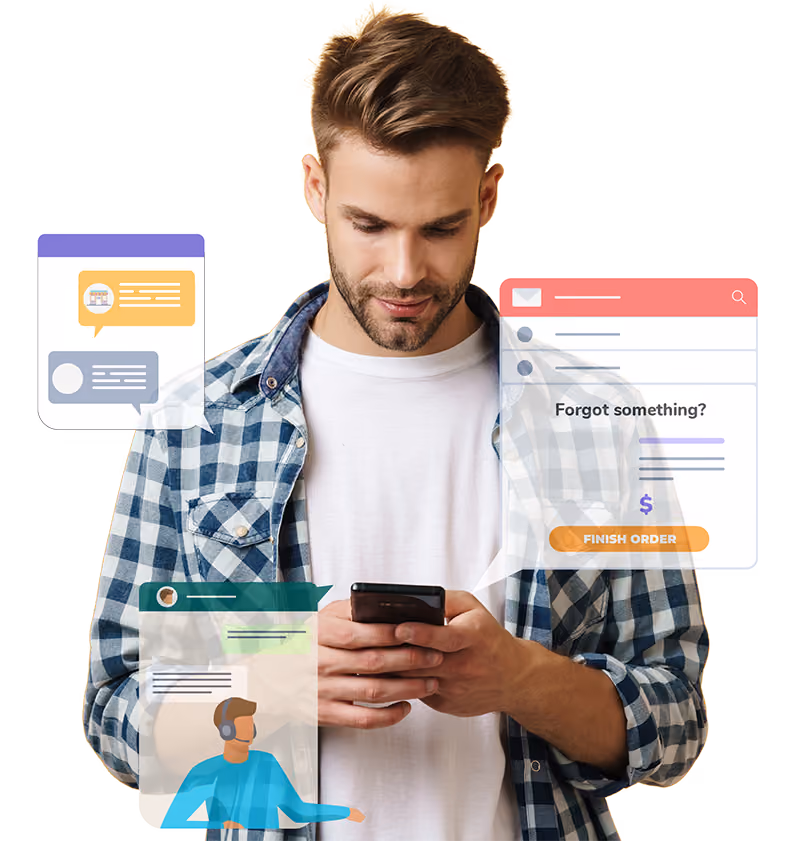 Man looking at his phone surrounded by chat, WhatsApp and email reminders asking him to finish his order.