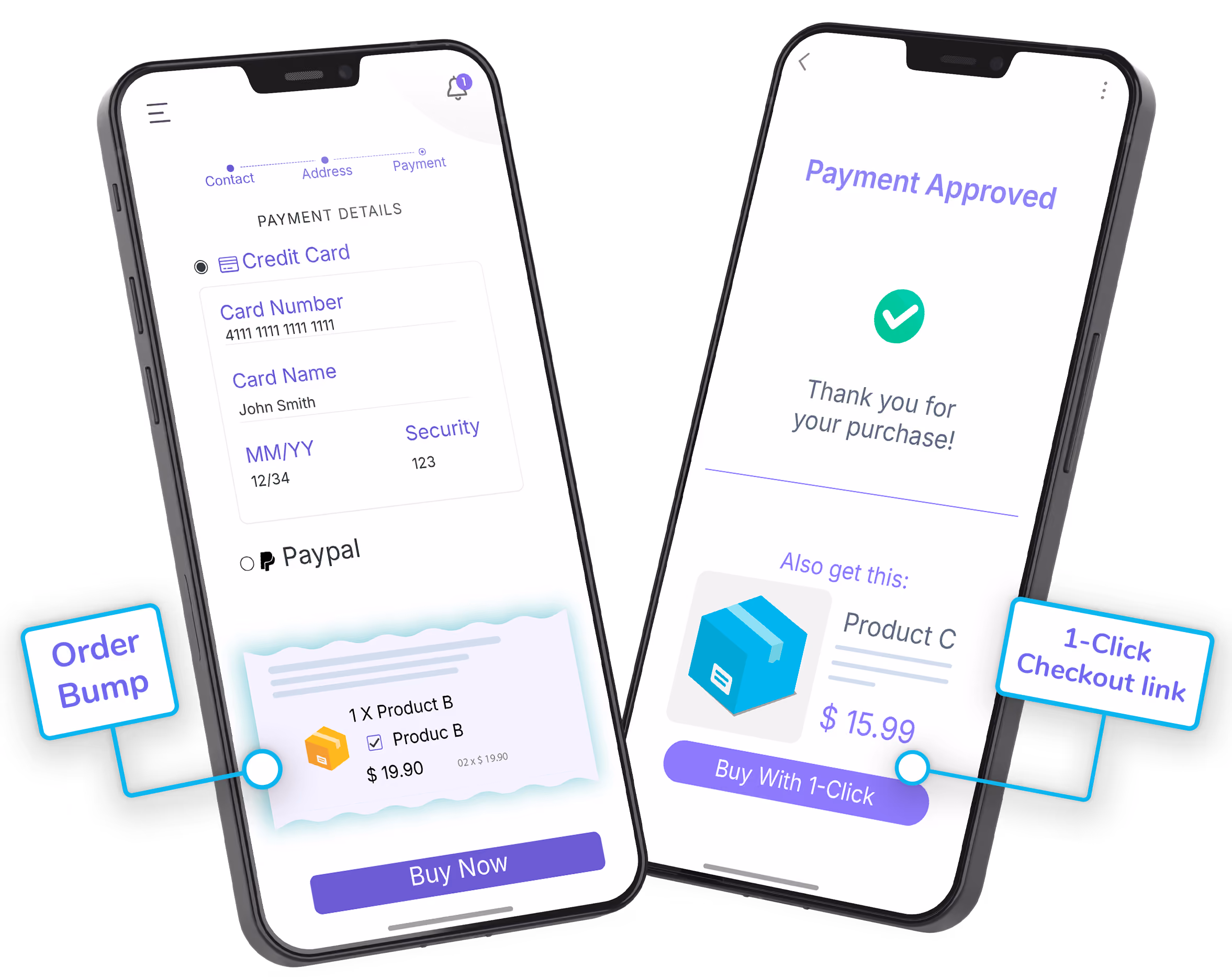 Two mobile screens: a checkout with an Order Bump offer and a payment approved page with a 1-Click checkout offer.
