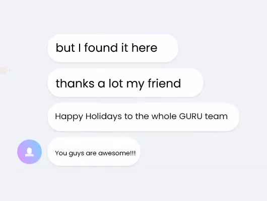Chat screenshot in which a customer thanks the Guru team, wishes them happy holidays and says they are awesome.