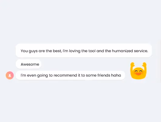 Chat screenshot in which a customer says the Guru team is the best, loves the tool and the human support, and will recommend it to friends.