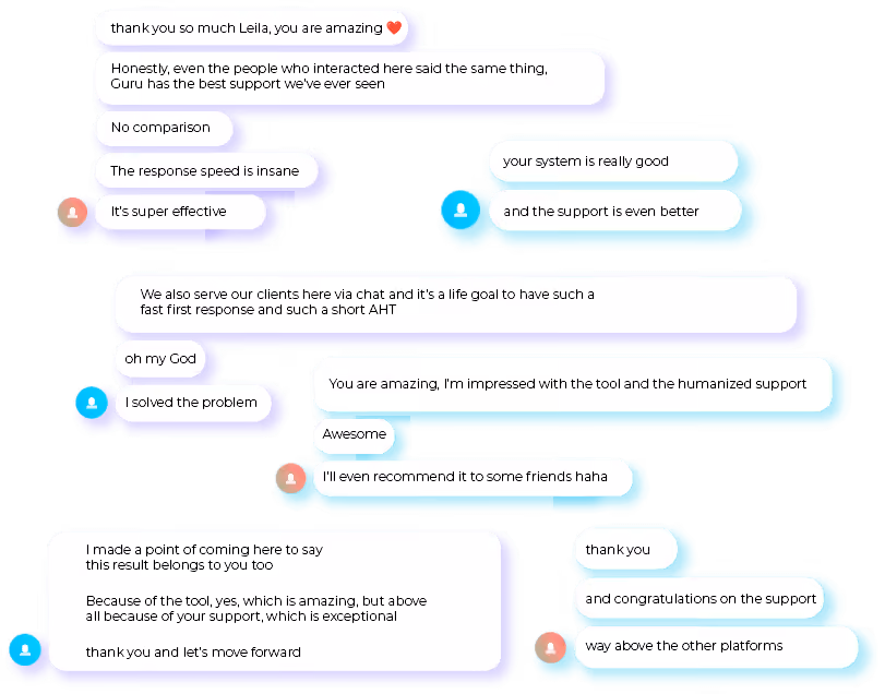 Customer chat messages praising Digital Manager Guru's fast, friendly support and platform.