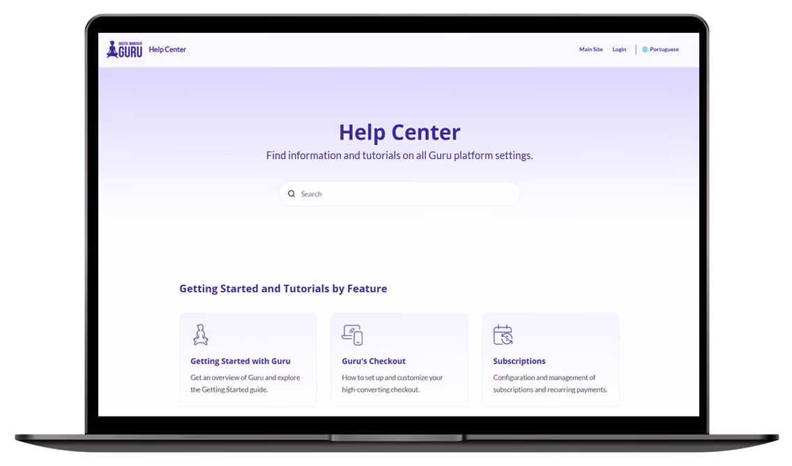Laptop mockup of the Digital Manager Guru Help Center, with a search bar and guides for getting started, Guru's Checkout and subscriptions.