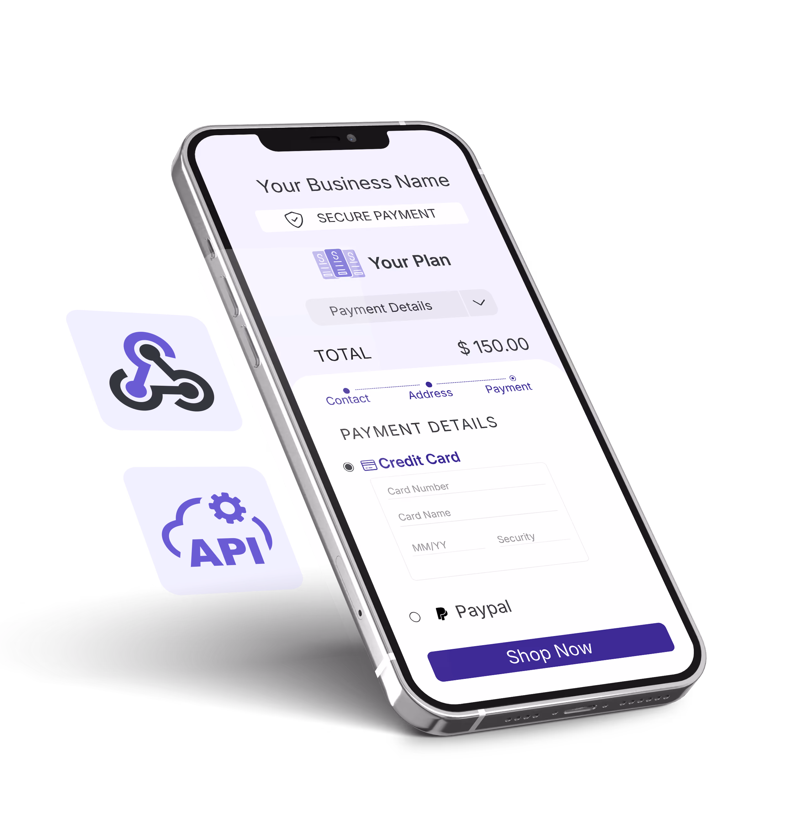 Smartphone showing the Guru checkout for a $150.00 plan, with floating webhook and API icons for system integration.
