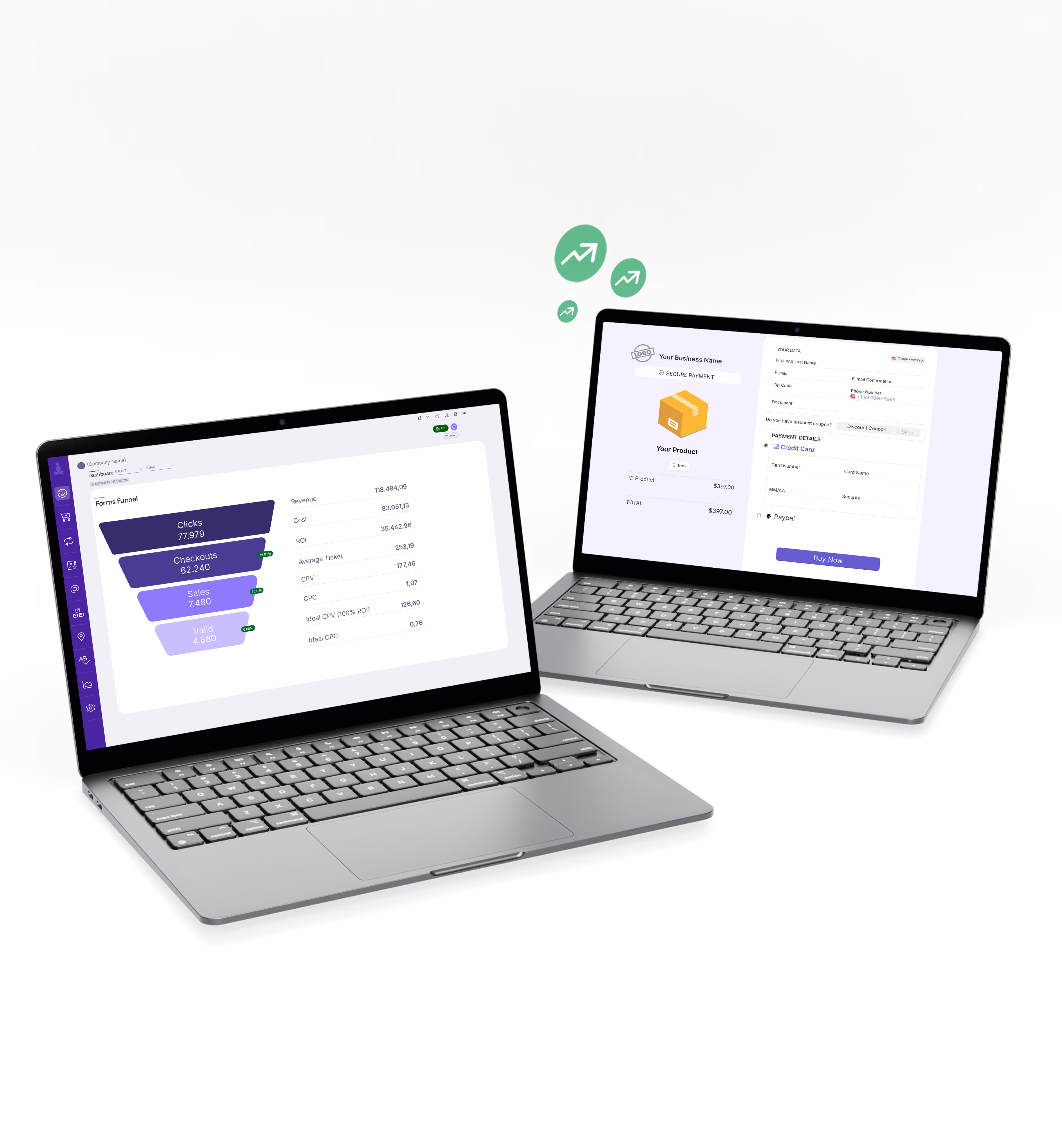 Two laptops side by side: on the left, a sales funnel dashboard with clicks, checkouts and sales; on the right, a product checkout page with a Buy Now button. Green upward arrows float above them.