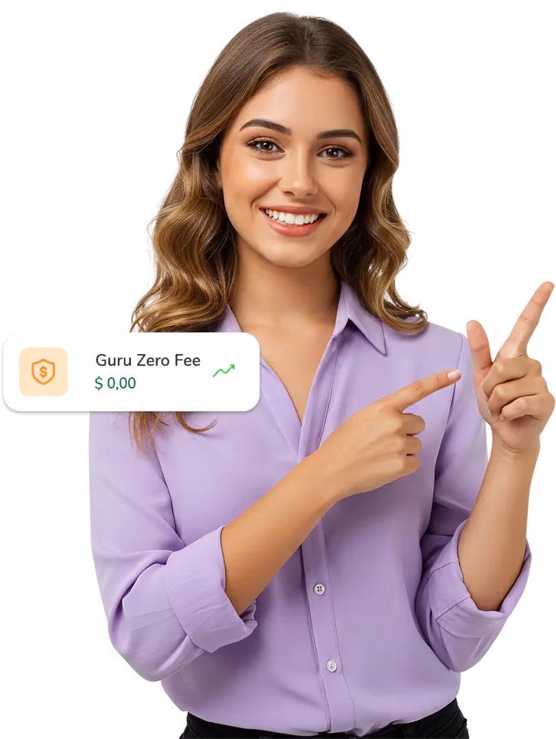 Smiling woman pointing to a Guru Zero Fee card showing $0.00 in fees.