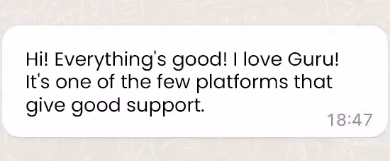 Screenshot of a customer message praising Digital Manager Guru’s platform and support.