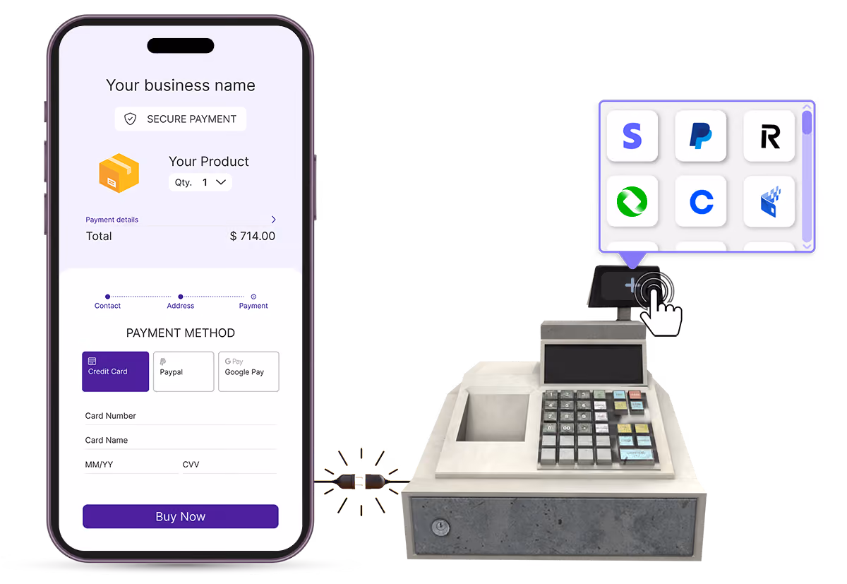 Smartphone mockup showcasing mobile checkout integrations powered by Guru