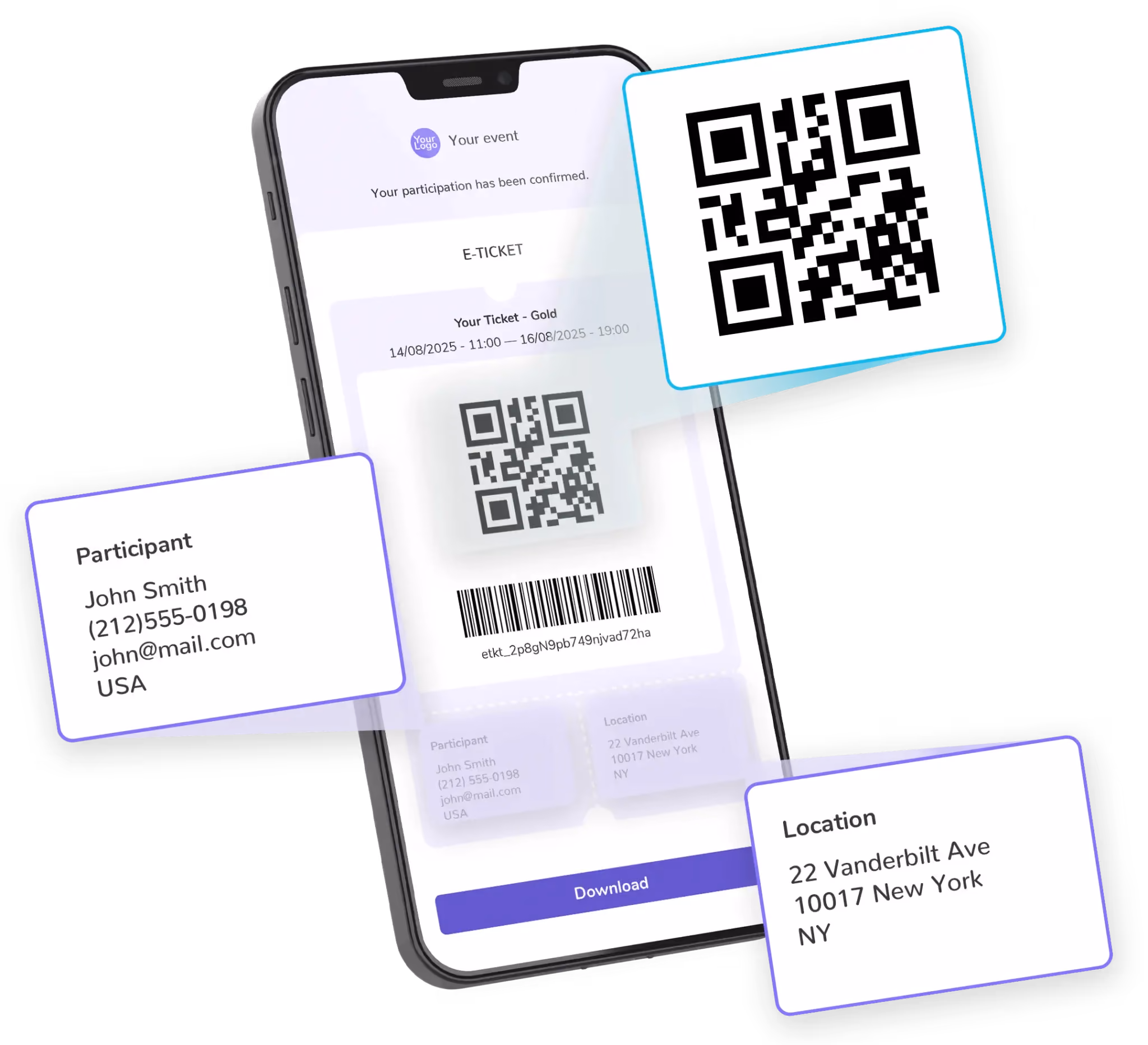 Digital e-ticket displaying a scannable QR code for fast event entry and validation