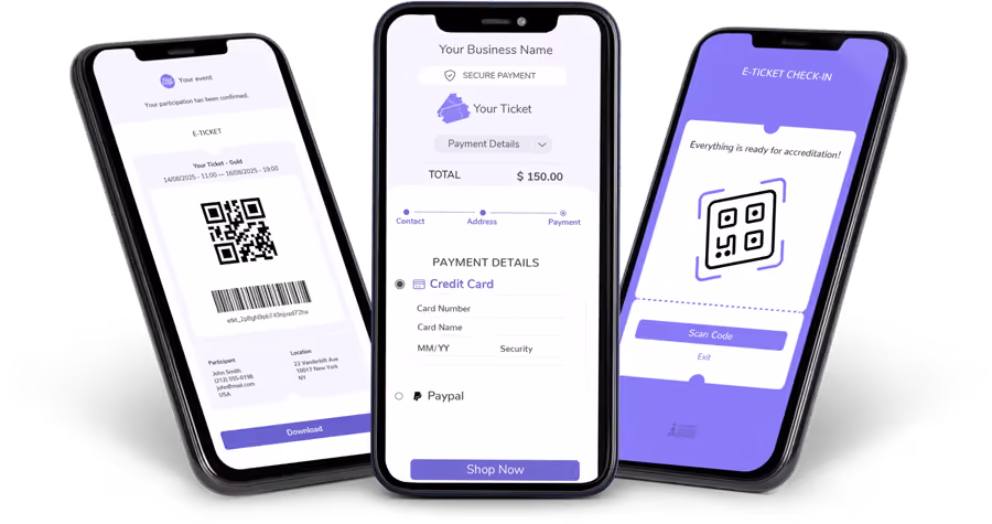 Smartphone mockups displaying mobile e-tickets and digital event passes on screen