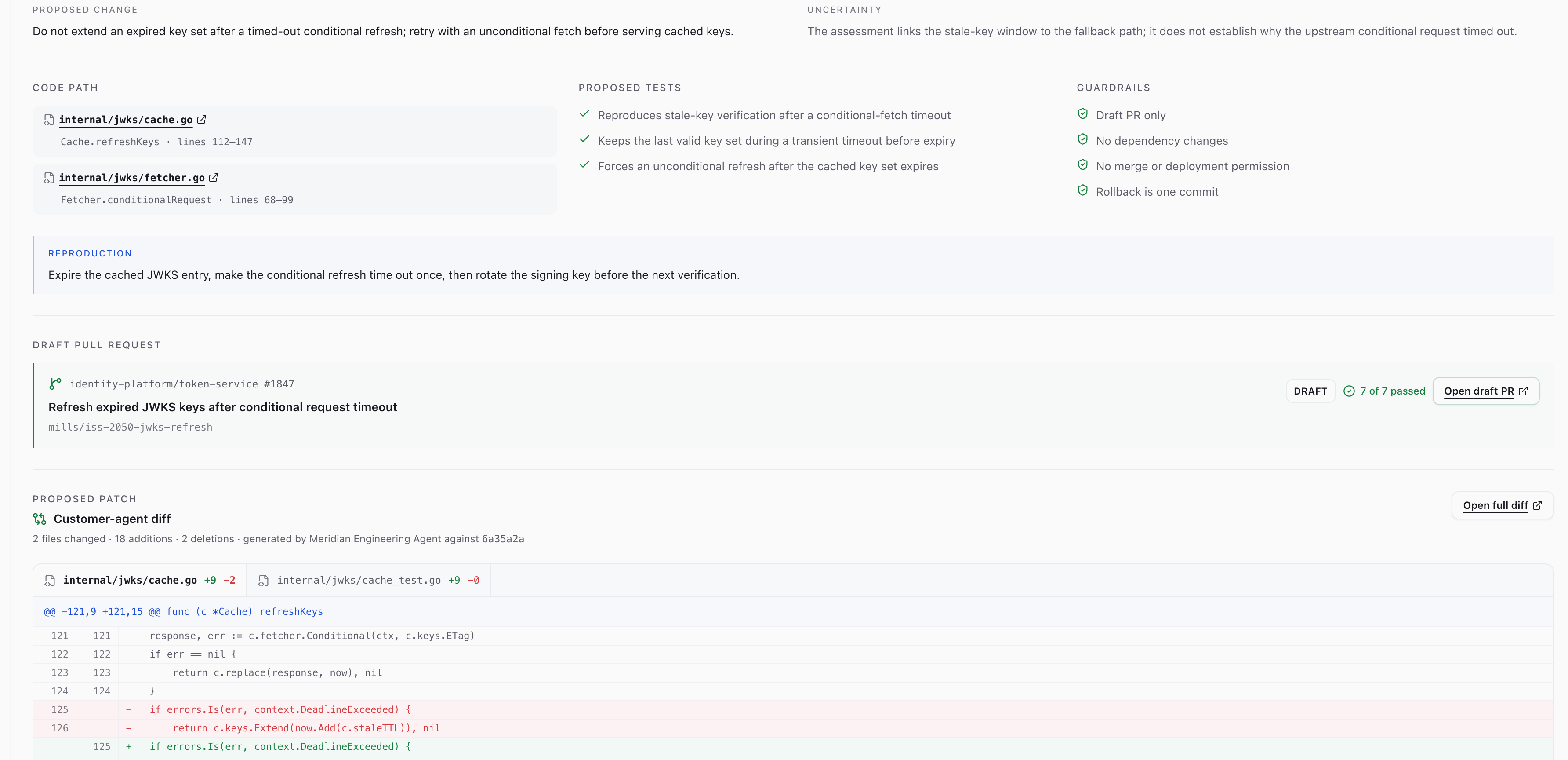 Fix contract: proposed change, code path, proposed tests, guardrails, draft pull request, and the patch diff