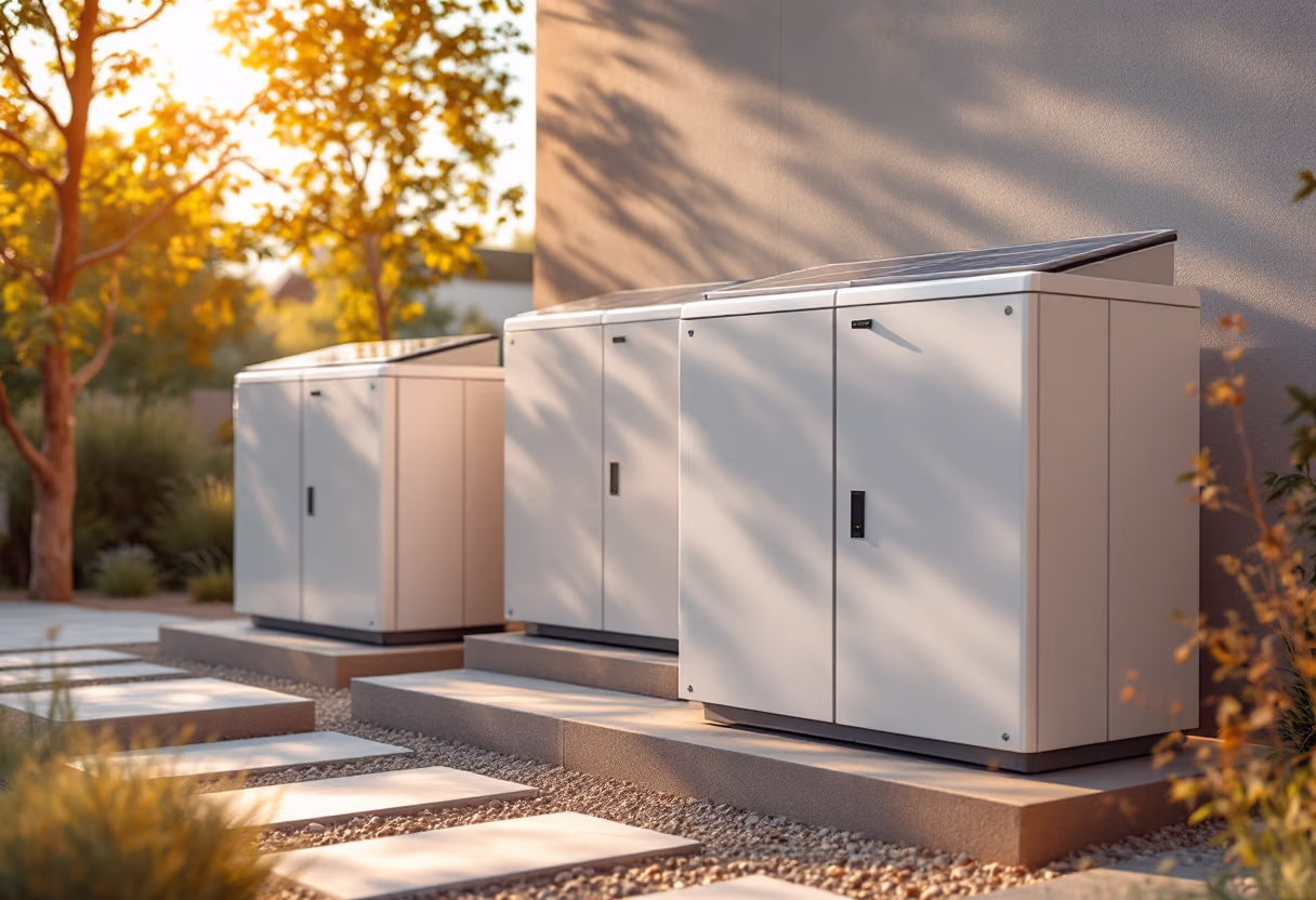 solar-powered storage units in outdoor setting